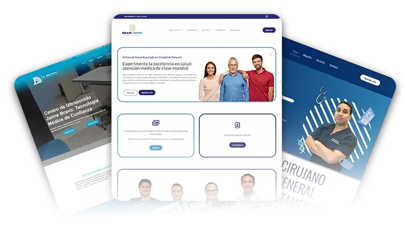 Tres pantallas digitales muestran sitios web de clínicas médicas; la central es una página de inicio con fotos de pacientes y médicos, y las laterales un centro de ultrasonido y un perfil de cirujano.