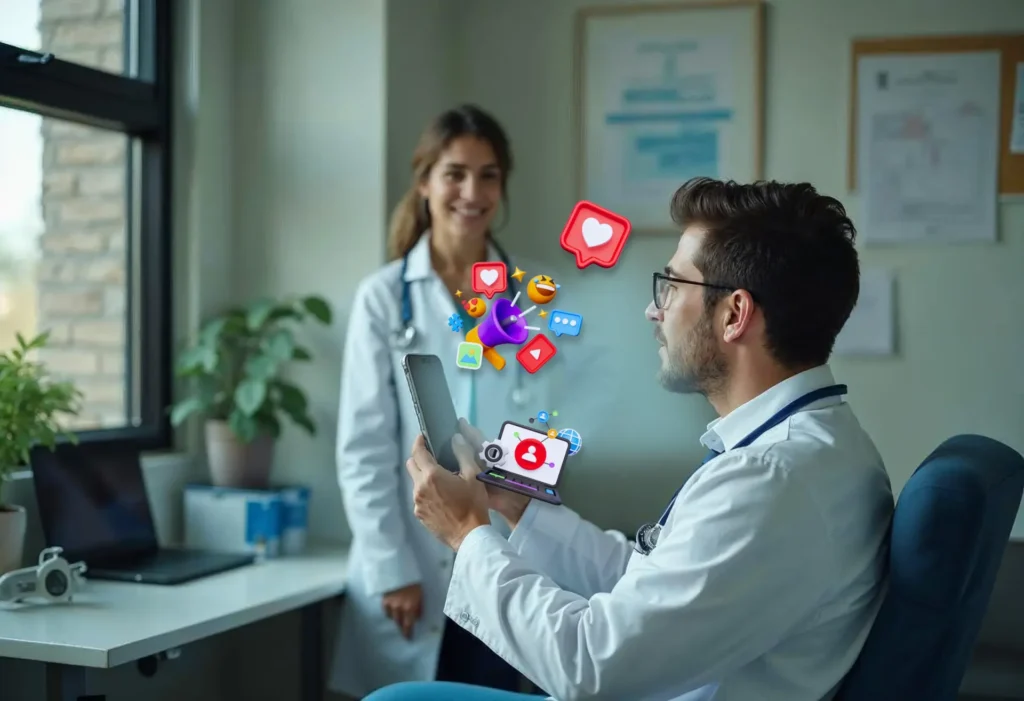 Un doctor hombre y una mujer doctora, en un consultorio mirando un móvil