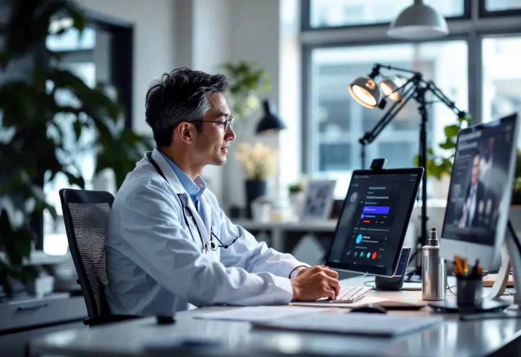 consultorio medico y un doctor esta en su escritorio grabando un video para sus redes sociales transmitiendo Importancia del marketing para servicios de salud