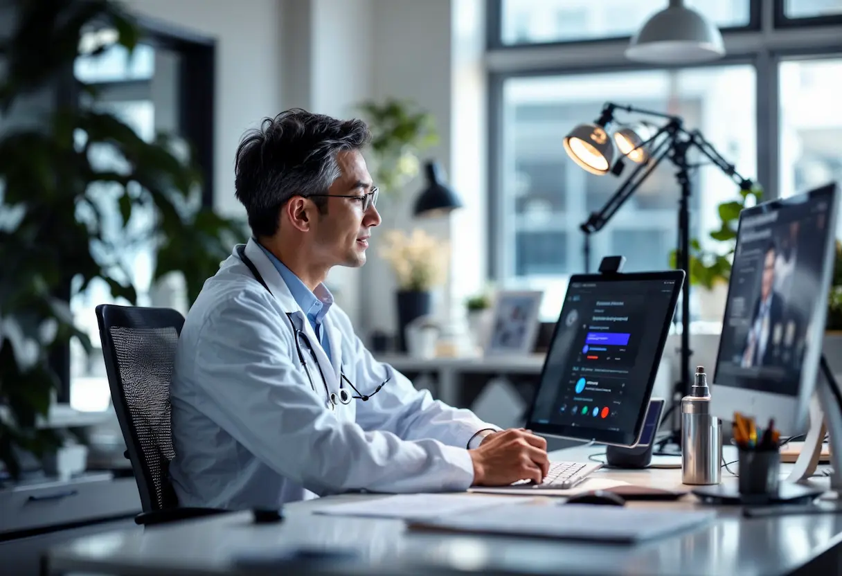 consultorio medico y un doctor esta en su escritorio grabando un video para sus redes sociales transmitiendo Importancia del marketing para servicios de salud